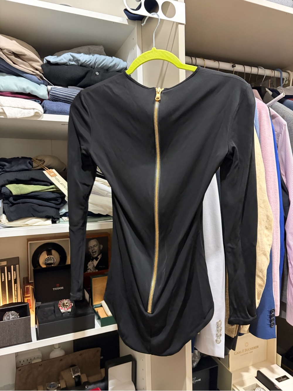 Balmain Black Long-Sleeve Bodysuit with Gold Back Zip